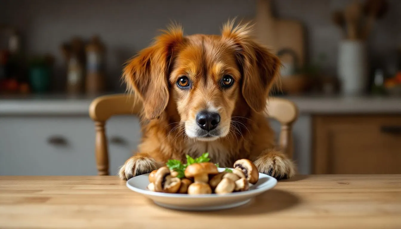 Na obrazku widać psa siedzącego przy stole, który z zainteresowaniem patrzy na talerz z pieczarkami. Warto pamiętać, że niektóre psy mogą jeść pieczarki w umiarkowanych ilościach, jednak należy skonsultować się z lekarzem weterynarii przed wprowadzeniem nowych składników do diety swojego pupila.