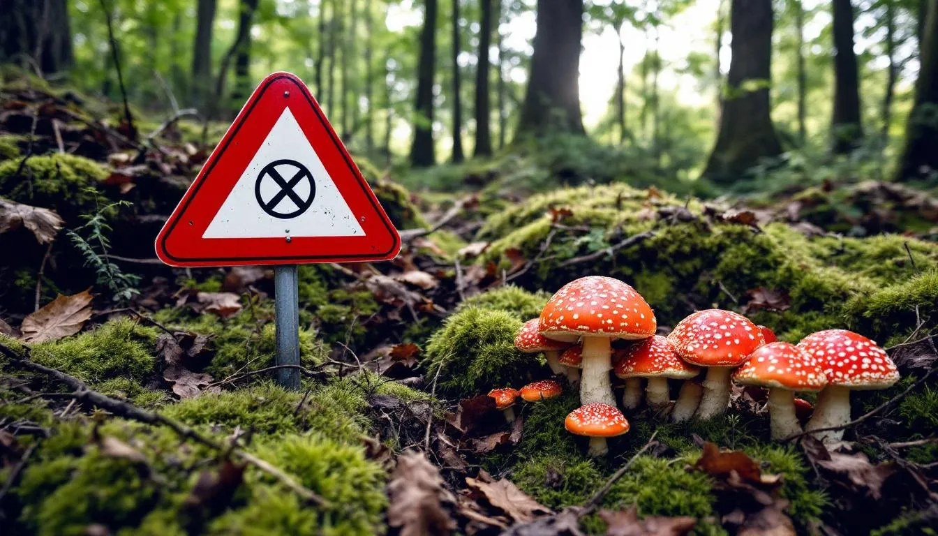 Na obrazie widać dzikie grzyby rosnące w lesie, obok których znajduje się czerwony znak zakazu, ostrzegający przed ich spożyciem. Warto pamiętać, że niektóre grzyby mogą być toksyczne dla psów, dlatego należy unikać ich podawania pupilom oraz konsultować się z lekarzem weterynarii w przypadku zjedzenia przez psa grzyba.