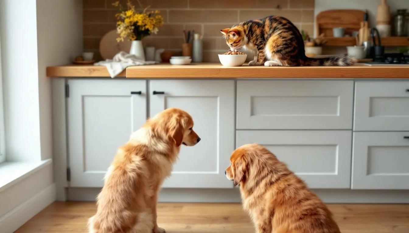Na wysokiej półce siedzi kot, który je kocią karmę, podczas gdy pies stoi przy swojej misce na podłodze, czekając na jedzenie. Obrazek ilustruje różnice w diecie zwierząt, podkreślając, że pies nie może jeść kociej karmy, ponieważ może to zaszkodzić jego zdrowiu.