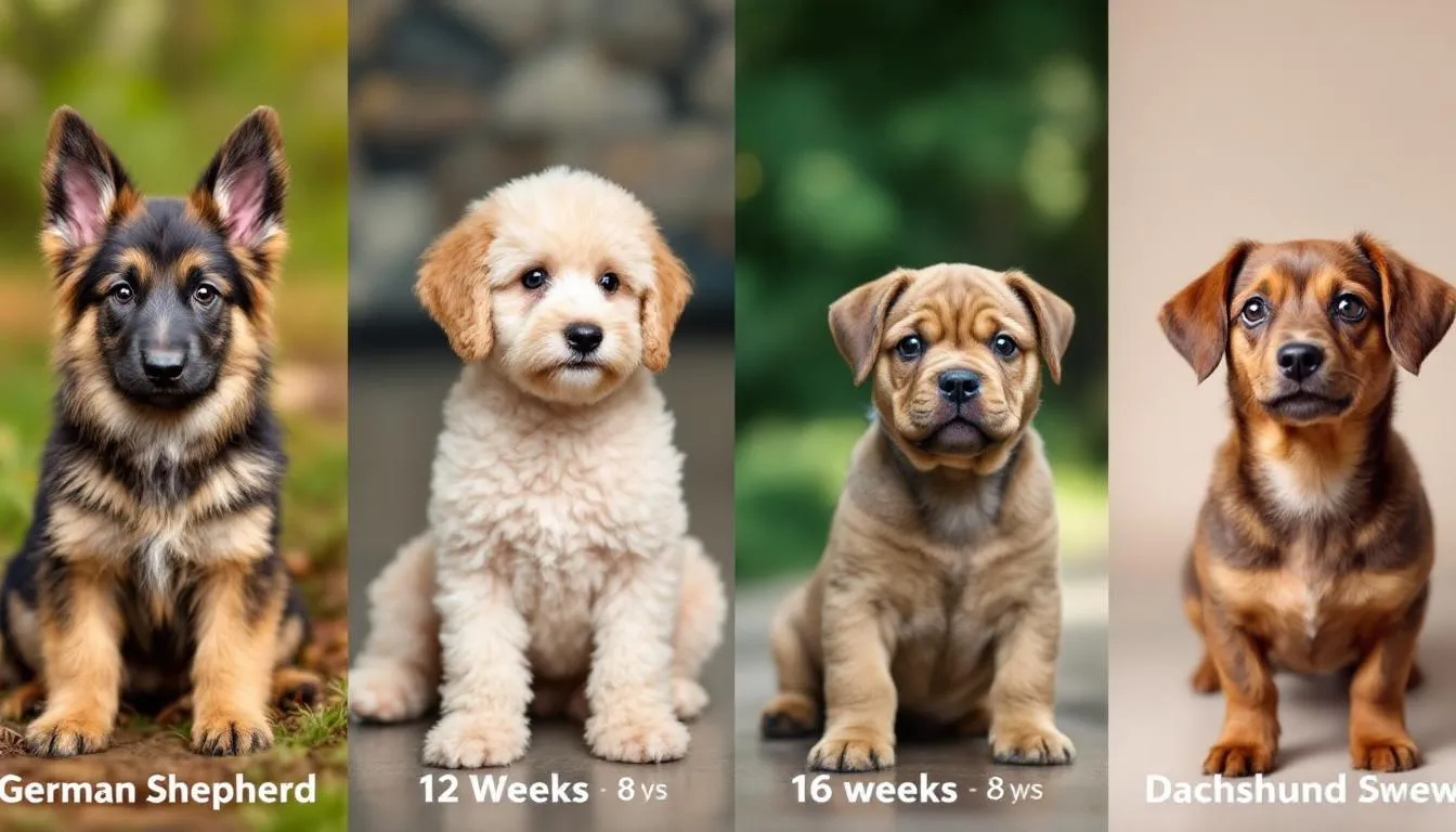 Na obrazku przedstawiono porównanie szczeniąt różnych ras, takich jak owczarek niemiecki, labrador i yorkshire terrier, w różnych etapach rozwoju. Widać różnice w ich wielkości oraz zachowaniu, co ilustruje, jak pies przestaje być szczeniakiem i osiąga dorosłość.