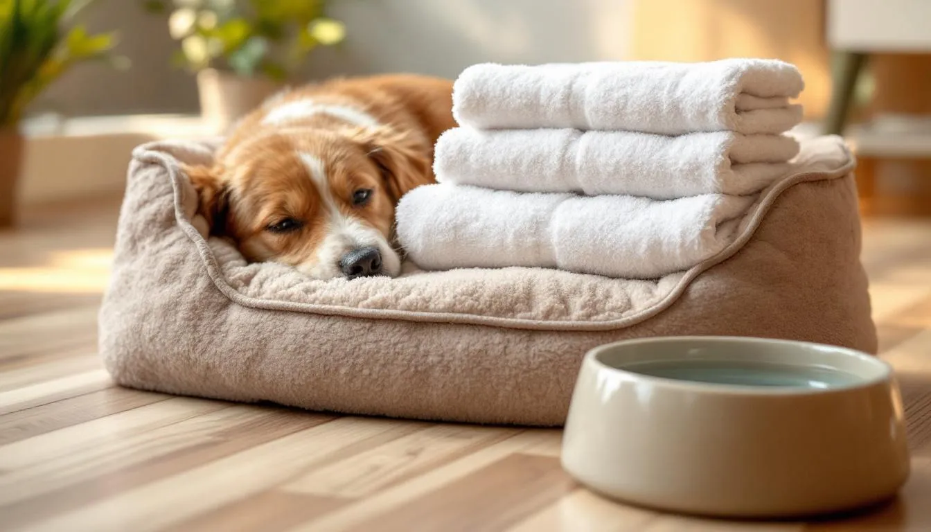 Na zdjęciu znajduje się przygotowane legowisko dla suki, które jest wyłożone czystymi ręcznikami oraz stoi przy nim miska z wodą. To wygodne miejsce może być istotne w czasie ciąży psa, zwłaszcza w okresie pierwszych objawów ciąży, gdy suka potrzebuje komfortu i odpowiedniej opieki.