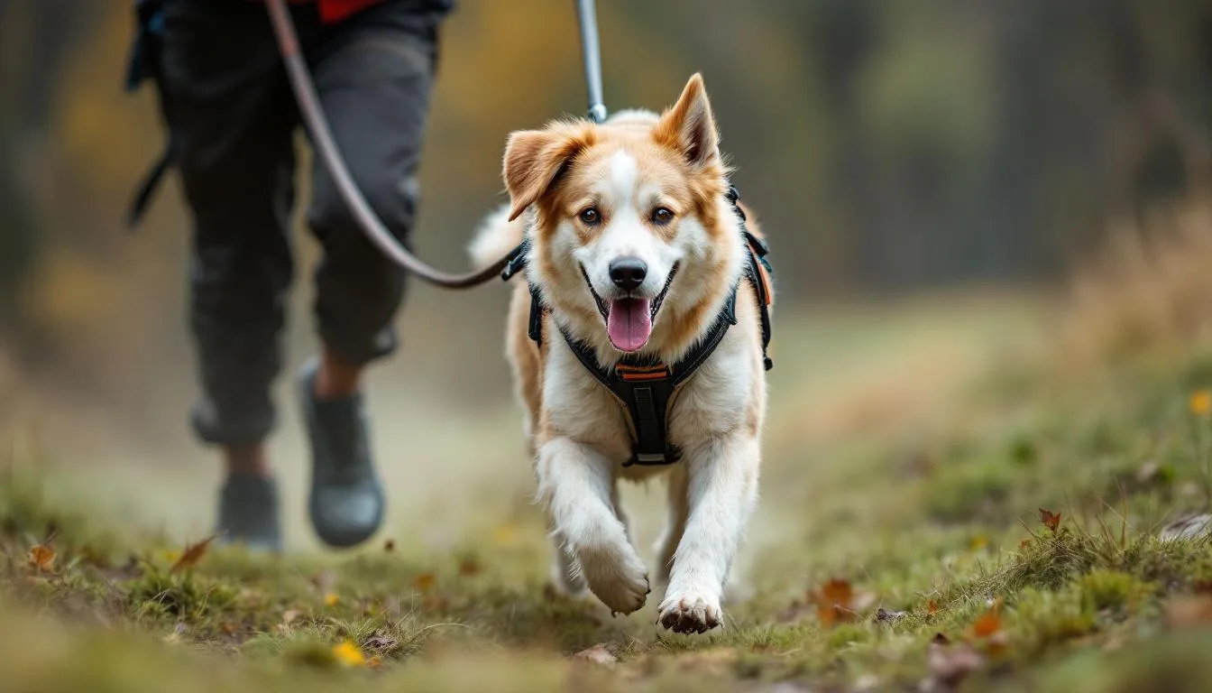Osoba biegnąca w parku z psem, trzymająca specjalistyczną smycz do canicross, zapewnia pełną kontrolę nad swoim czworonożnym przyjacielem. Smycz ta jest idealnym rozwiązaniem dla aktywnych właścicieli psów, którzy pragną wspólnie spędzać czas na świeżym powietrzu.
