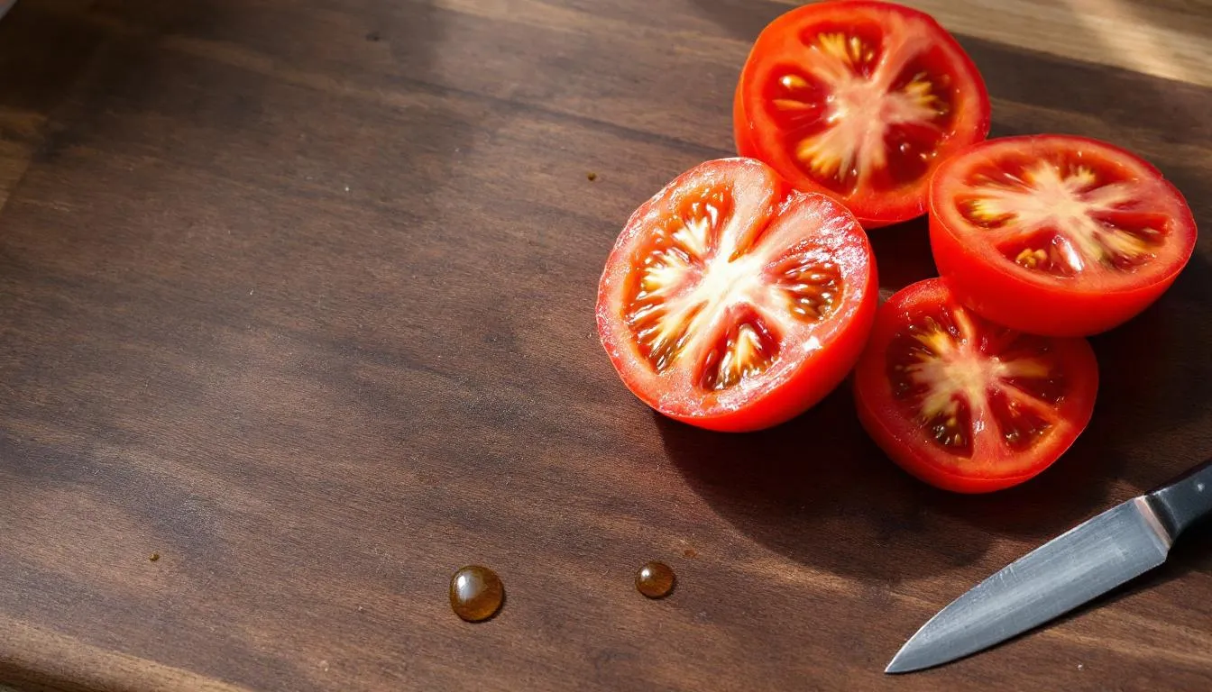 Na desce do krojenia znajdują się pokrojone czerwone pomidory, które są dojrzałe i soczyste. Pomidory te mogą być składnikiem zdrowej diety, jednak warto pamiętać, że niektóre części rośliny, takie jak zielone pomidory, mogą być toksyczne dla psów.