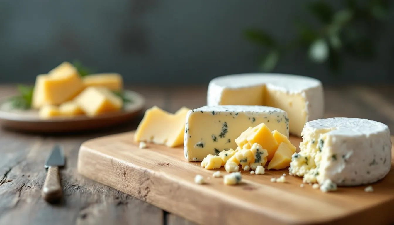 Na drewnianej desce znajdują się różne rodzaje serów pleśniowych, w tym biały ser z charakterystyczną pleśnią. Obok nich można zauważyć dodatki, które mogą być smacznym uzupełnieniem diety psa, jednak warto pamiętać, że niektóre psy mogą mieć nietolerancję laktozy.