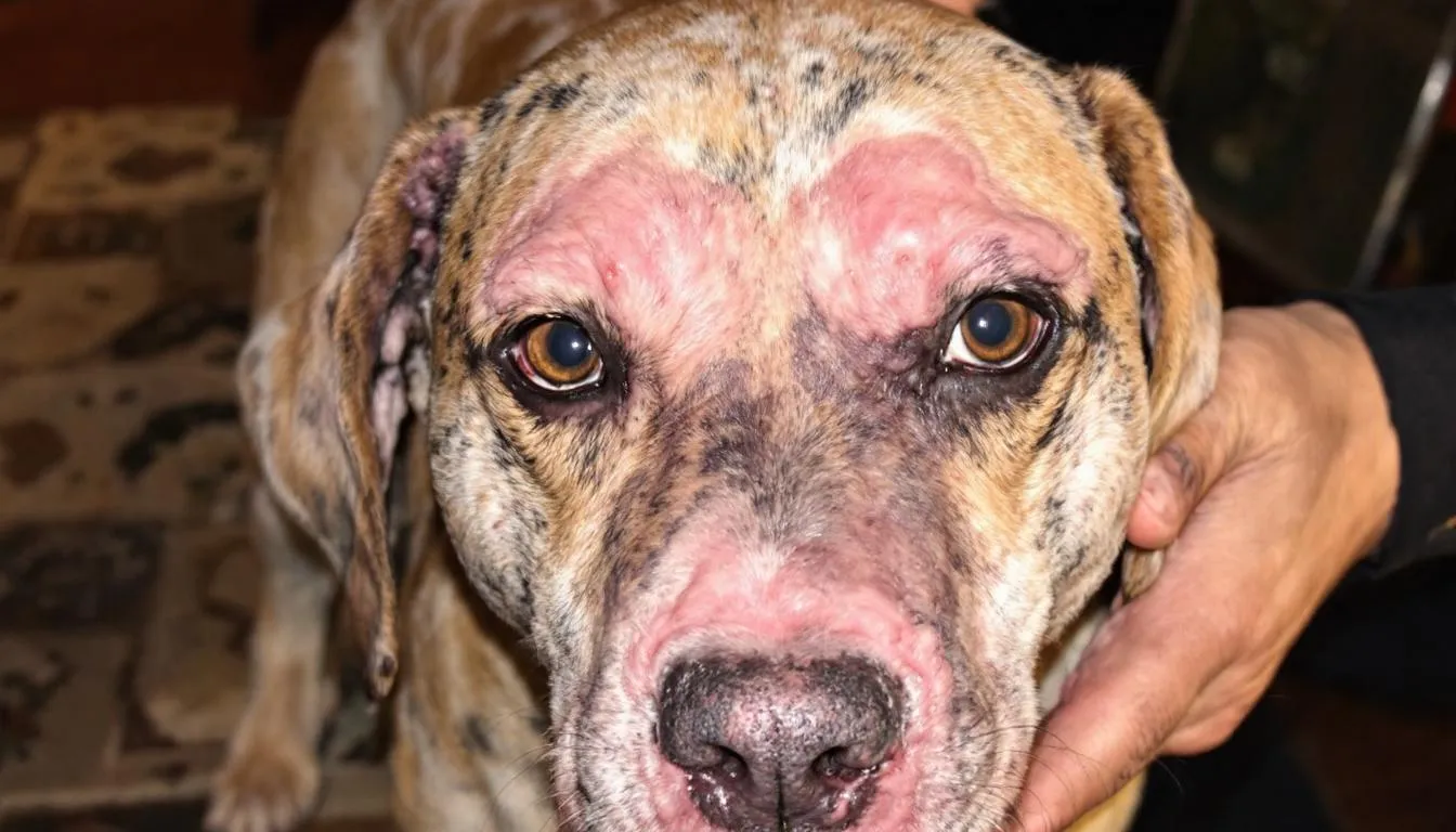 Na zdjęciu widoczny jest pies z wyraźnymi zmianami skórnymi na pysku i uszach, które mogą sugerować zakażenie gronkowcem. Zmiany te są typowe dla gronkowcowego zapalenia skóry, co może być poważnym problemem zdrowotnym dla czworonogiego przyjaciela.