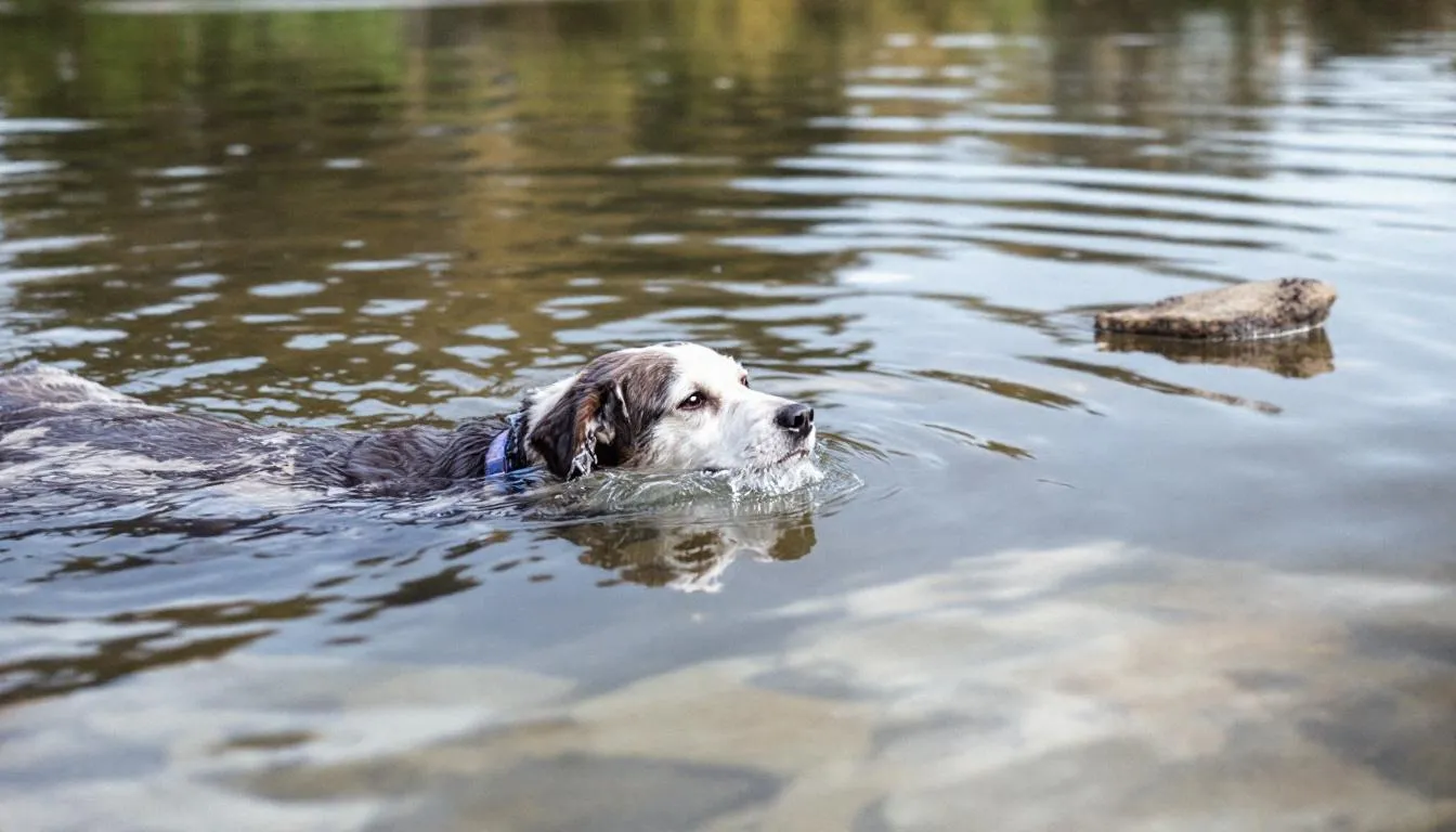 Na zdjęciu widoczny jest labrador retriever pływający w jeziorze, uczestniczący w rehabilitacji ruchowej, co jest częścią procesu odchudzania psa. Pies, który ma nadwagę, korzysta z aktywności fizycznej, aby poprawić swoją masę ciała i zdrowie.