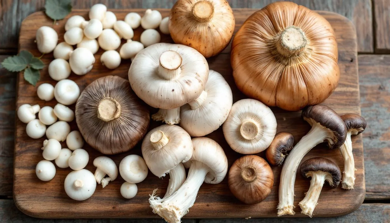 Na drewnianej desce znajdują się różne rodzaje pieczarek, które są grzybami jadalnymi. Właściciele psów powinni pamiętać, że niektóre grzyby, w tym pieczarki, mogą być bezpieczne w małych ilościach, ale zawsze warto skonsultować się z lekarzem weterynarii przed ich podaniem czworonogowi.