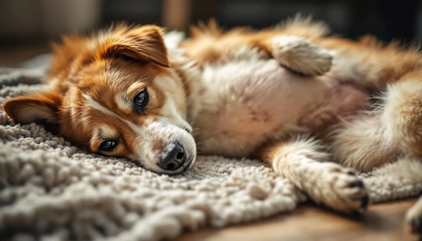 Na zdjęciu znajduje się ciężarna suka leżąca na kocu, z wyraźnie zaokrąglonym brzuchem, co sugeruje zaawansowaną ciążę u psa. W tle można dostrzec spokojne otoczenie, które sprzyja zdrowiu suki w czasie ciąży.