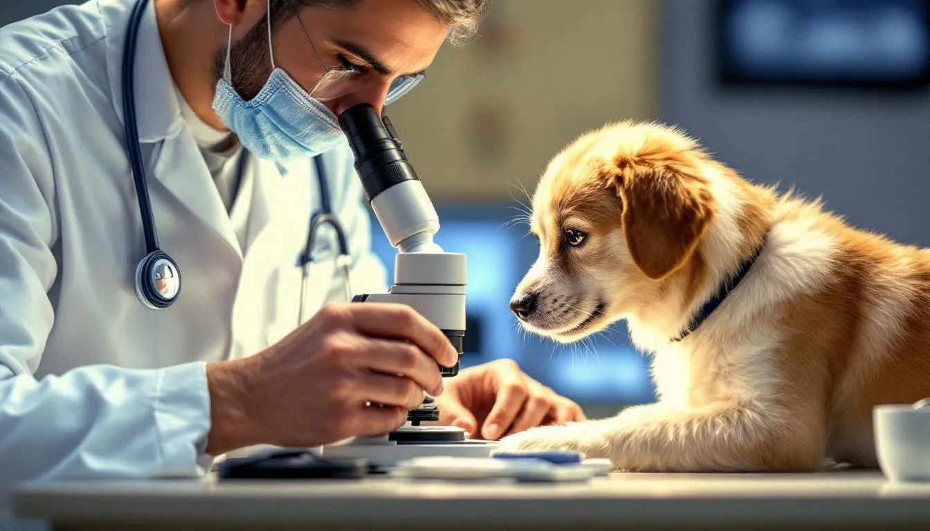 Weterynarz bada skórę psa pod lupą, analizując zmiany skórne, które mogą wskazywać na zakażenie gronkowcem. W tle widoczne są narzędzia medyczne, a pies wygląda na zaniepokojonego, co może sugerować poważny problem zdrowotny.