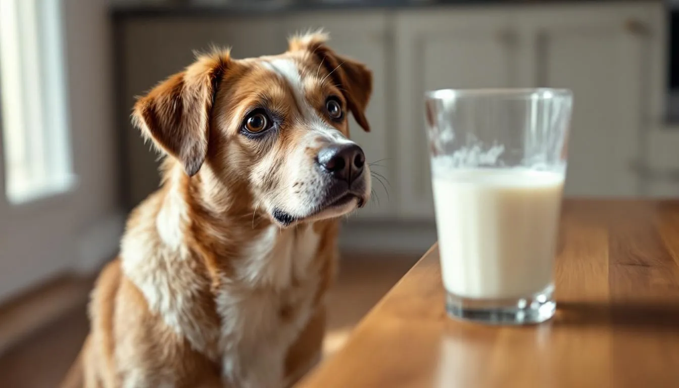 Dorosły pies z niepewnym wyrazem twarzy patrzy na szklankę mleka, zastanawiając się, czy może pić mleko krowie. W tle widać jasne pomieszczenie, co podkreśla jego ciekawość i ostrożność wobec tego napoju.