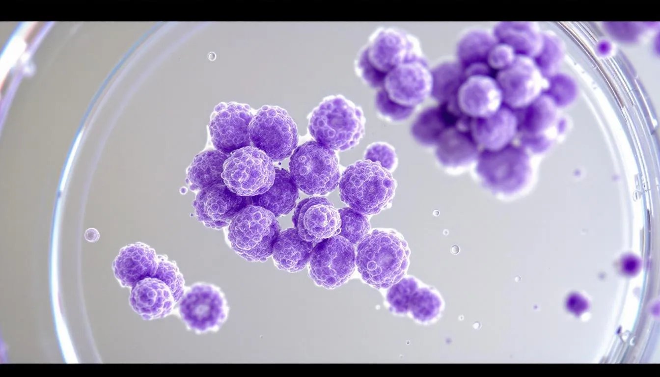 Mikroskopijny obraz bakterii Staphylococcus ukazuje charakterystyczny układ przypominający grona, co jest typowe dla gronkowca złocistego. Obecność tych bakterii może prowadzić do różnych infekcji, w tym ropnego zapalenia skóry u psów.