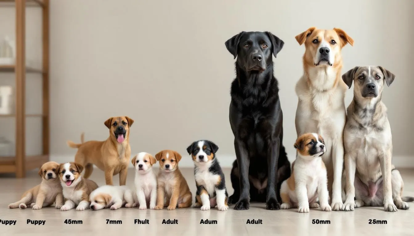 Na obrazie przedstawiono porównanie wielkości szczeniąt i dorosłych psów różnych ras, takich jak owczarek niemiecki, labrador i yorkshire terrier. Widać różnice w ich masie ciała oraz wzroście, co ilustruje etapy rozwoju psa od szczeniaka do dorosłego psa.