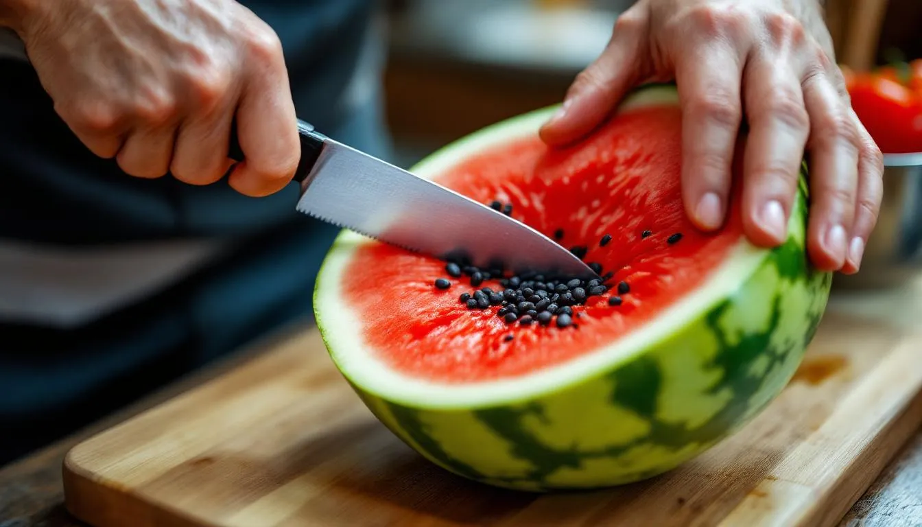 Na obrazku widać ręce, które krążą wokół arbuza, usuwając pestki. Arbuz jest soczystym owocem, który w umiarkowanych ilościach może być podawany psu jako orzeźwiająca przekąska.