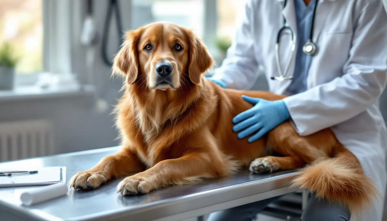 Na zdjęciu widoczny jest pies podczas wizyty u weterynarza, gdzie lekarz weterynarii przeprowadza badanie. Pies wydaje się spokojny, a w tle znajdują się akcesoria związane z opieką nad zdrowiem psa, co podkreśla dbałość o jego ogólny stan zdrowia.