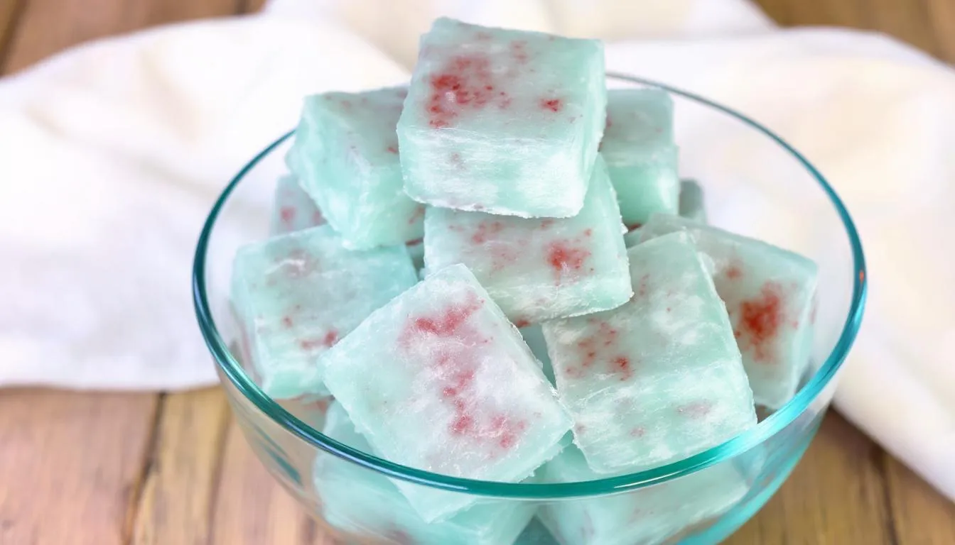 Na obrazku widać mrożone kostki arbuza umieszczone w miseczce, które stanowią orzeźwiającą przekąskę idealną na upalne dni. Arbuz, będący doskonałym źródłem nawodnienia, może być podawany psu w niewielkich ilościach, jednak przed podaniem warto usunąć skórkę oraz pestki.