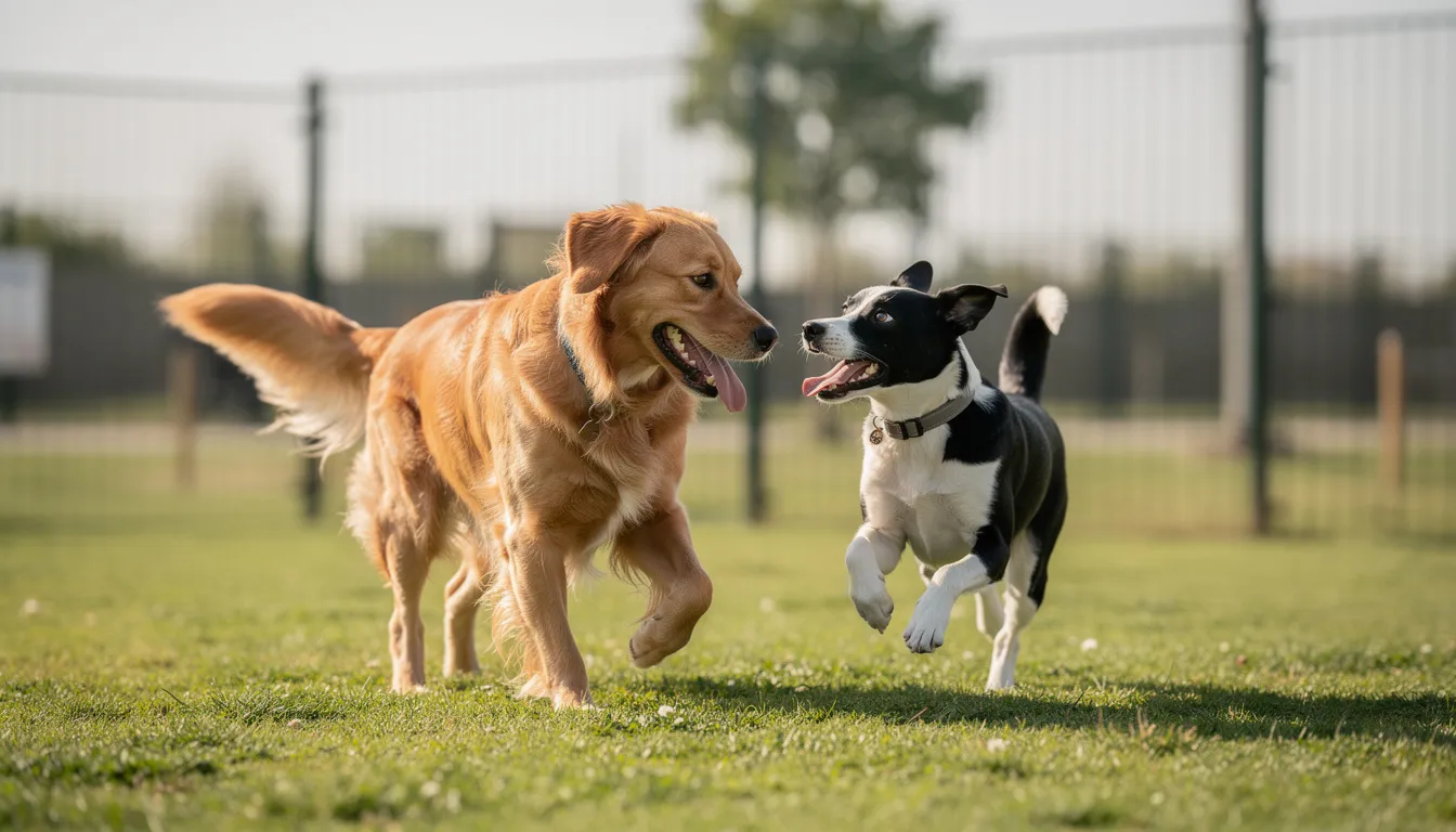 Na zdjęciu widać dwa przyjazne psy, które bawią się razem na trawiastym wybiegu, ciesząc się świeżym powietrzem i aktywnością fizyczną. Ich radosne zabawy przypominają o znaczeniu regularnych spacerów i interakcji z innymi psami.