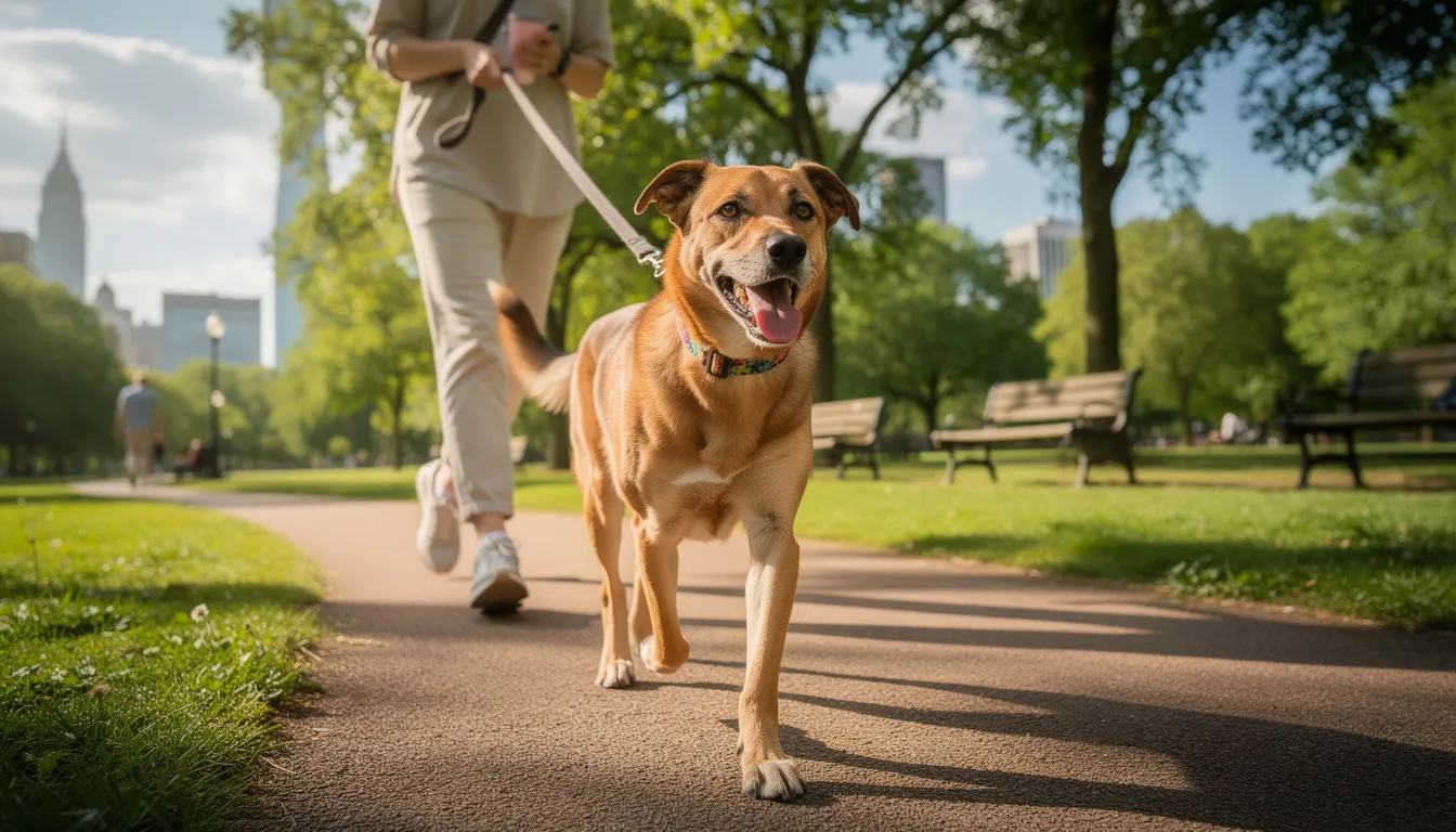 Na zdjęciu widać szczęśliwego psa rasy border collie, który spaceruje na smyczy z ukochanym opiekunem po zielonym parku miejskim. Obaj cieszą się świeżym powietrzem, a pies eksploruje nowe zapachy, co jest istotne dla jego dobrego samopoczucia i regularnej aktywności.