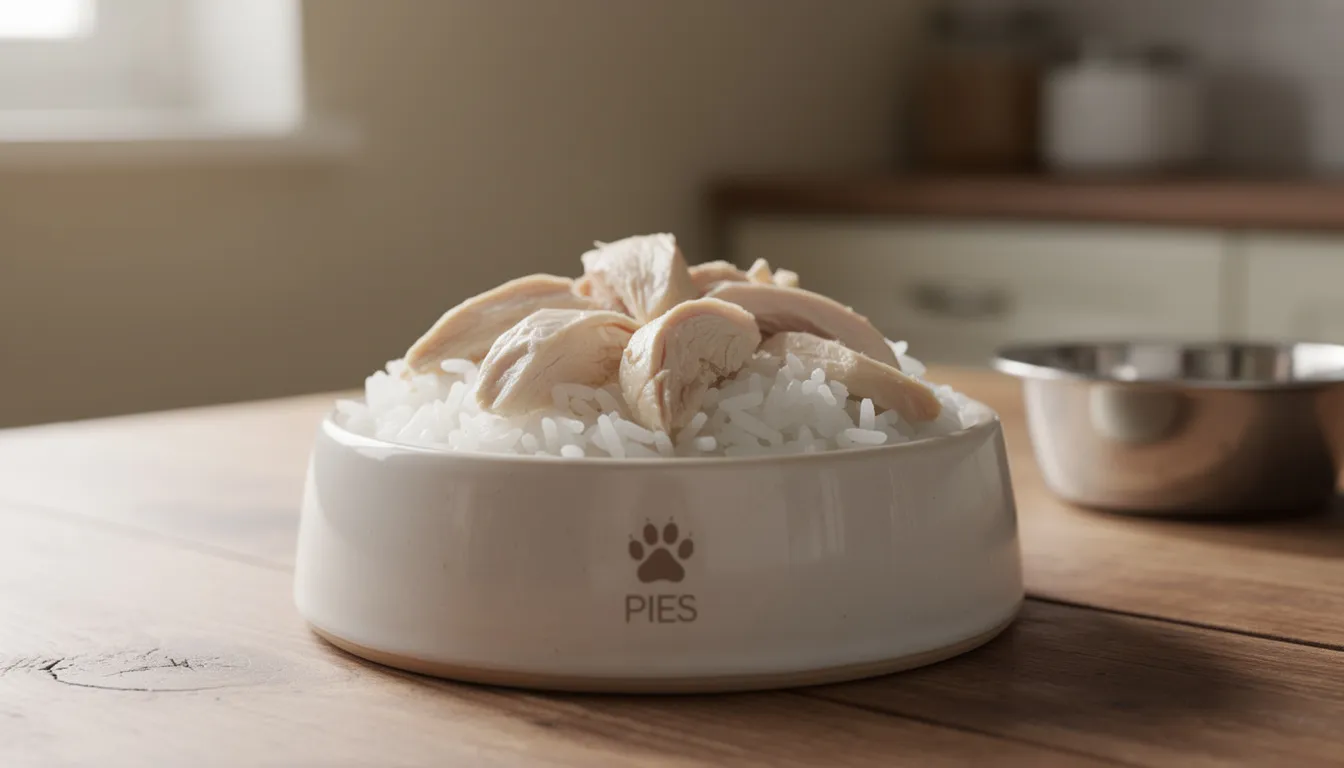 Na obrazku znajduje się miska z gotowanym ryżem i kurczakiem, przeznaczona dla psa. Tego rodzaju posiłek może być pomocny w przypadku problemów trawiennych, takich jak biegunka lub zapalenie żołądka, które mogą towarzyszyć twojemu psu.