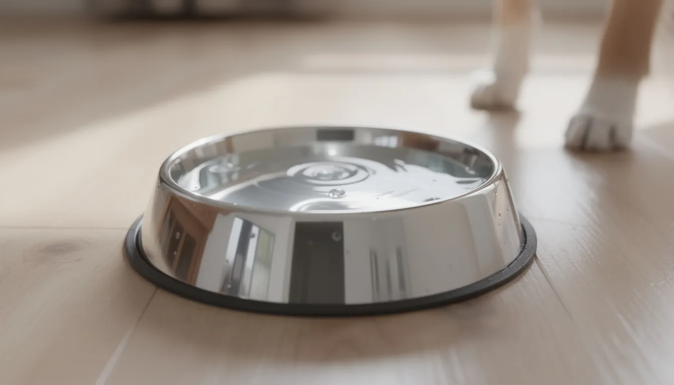 Na obrazku znajduje się miska z świeżą wodą dla psa, ustawiona na podłodze. Zapewnienie psu dostępu do świeżej wody jest ważne, zwłaszcza gdy może on cierpieć na problemy trawienne, takie jak biegunka czy wymioty.