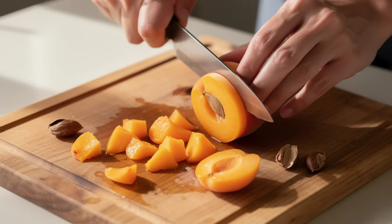 Na drewnianej desce do krojenia znajdują się świeże morele, które są krojone na małe kawałki. Przygotowanie moreli w ten sposób może stanowić zdrową przekąskę dla psa, ale należy pamiętać o usunięciu pestek, które zawierają toksyczne substancje.