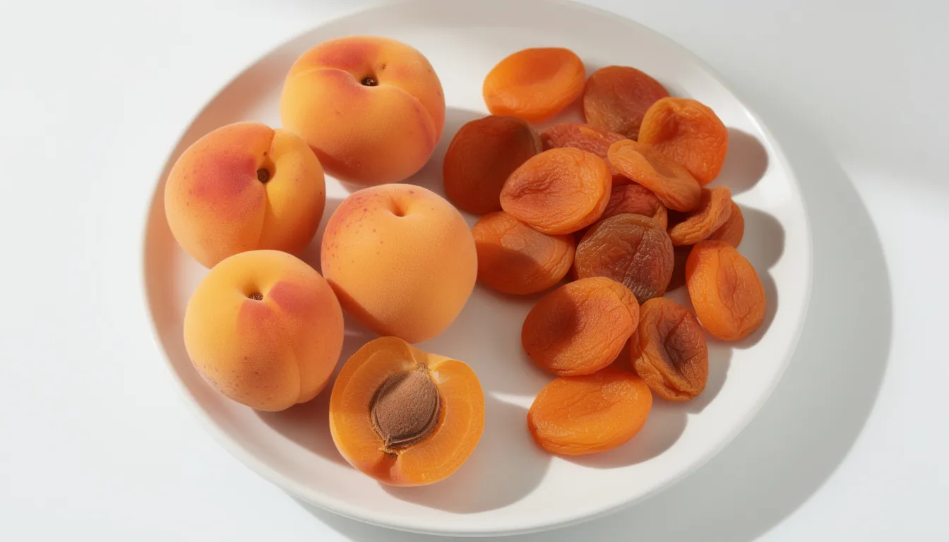 Na białym talerzu znajdują się obok siebie świeże morele oraz suszone morele, co pozwala porównać ich wygląd i teksturę. Świeże morele to naturalne owoce pełne cennych składników odżywczych, które mogą stanowić zdrową przekąskę dla psa, podczas gdy suszone morele mają intensywniejszy smak i są łatwiejsze do przechowywania.