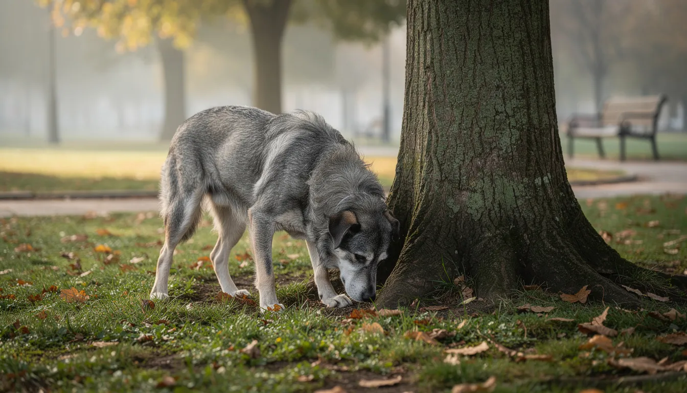 Starszy pies, prawdopodobnie border collie, spokojnie węszy przy drzewie w parku, ciesząc się świeżym powietrzem. To doskonały moment na dłuższy spacer, który zaspokaja potrzeby psa i zapewnia mu stymulację umysłową.