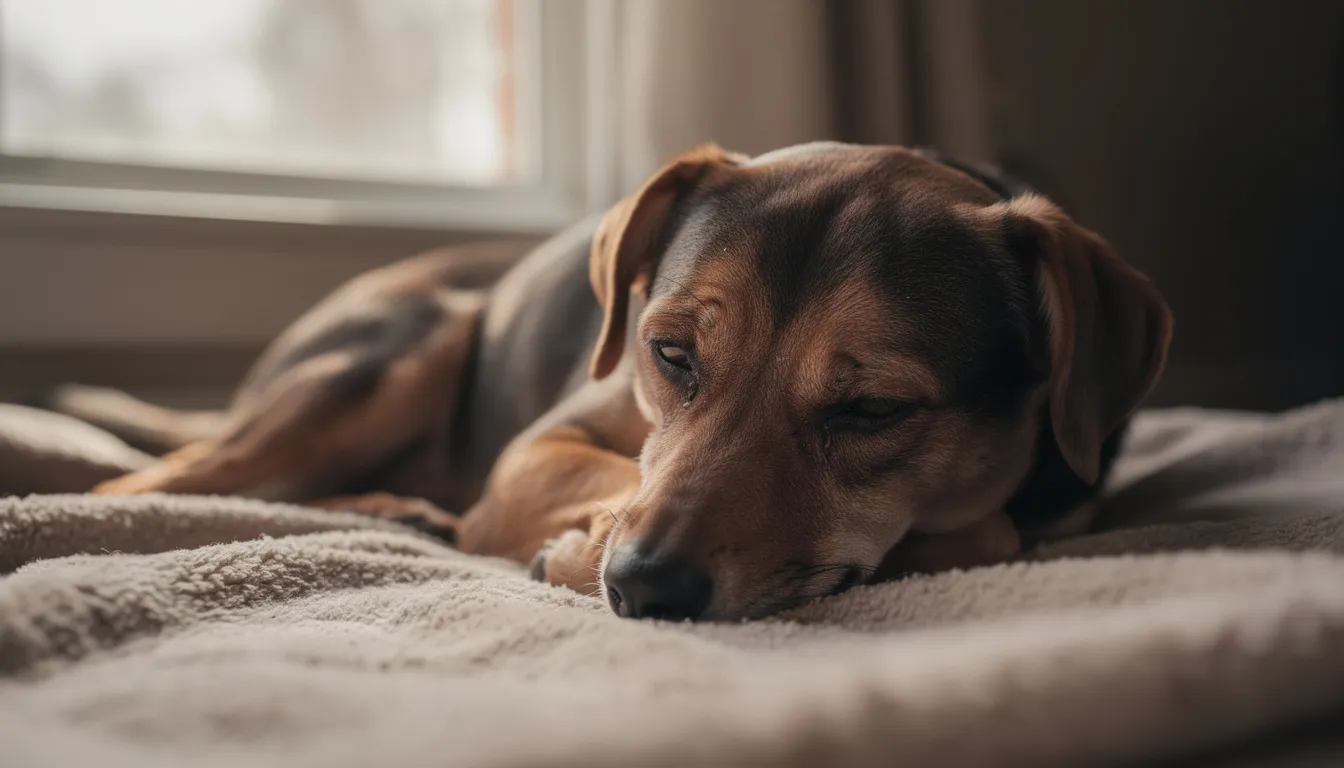 Smutny pies leży na kocu, wygląda na osłabionego i chorego, co może sugerować problemy z przewodem pokarmowym, takie jak biegunka czy wymioty. Warto zwrócić uwagę na jego stan i skonsultować się z lekarzem weterynarii w przypadku niepokojących objawów.