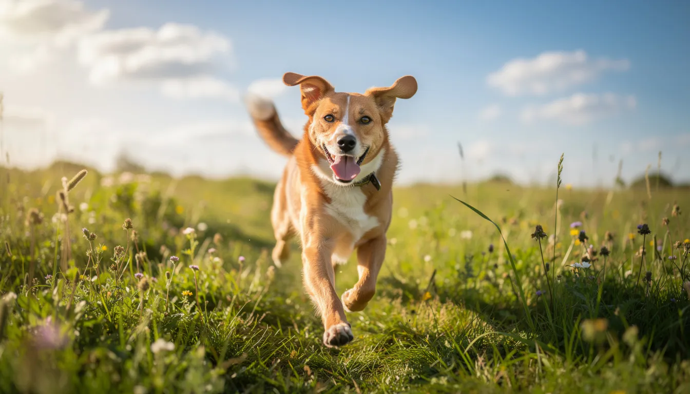 Na obrazku widoczny jest szczęśliwy pies biegający po zielonej łące w słoneczny dzień, cieszący się świeżym powietrzem. Warto pamiętać, że po każdym spacerze w wysokiej trawie należy sprawdzić sierść psa pod kątem kleszczy, aby uniknąć groźnych chorób przenoszonych przez te pasożyty.