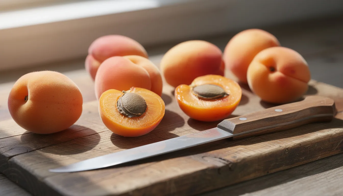 Na drewnianej desce kuchennej leżą świeże, dojrzałe morele obok noża, które mogą stanowić zdrową przekąskę dla psa. Ważne jest, aby przed podaniem psu moreli usunąć pestki, ponieważ zawierają one toksyczne substancje.