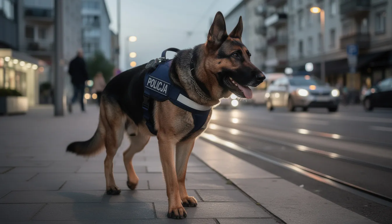 Na obrazie widoczny jest owczarek niemiecki w szelkach policyjnych, który patroluje ulicę miasta. Pies, będący przedstawicielem rasy psów policyjnych, jest w pełni skupiony na swoim zadaniu, poszukując zapachów związanych z przestępstwami.