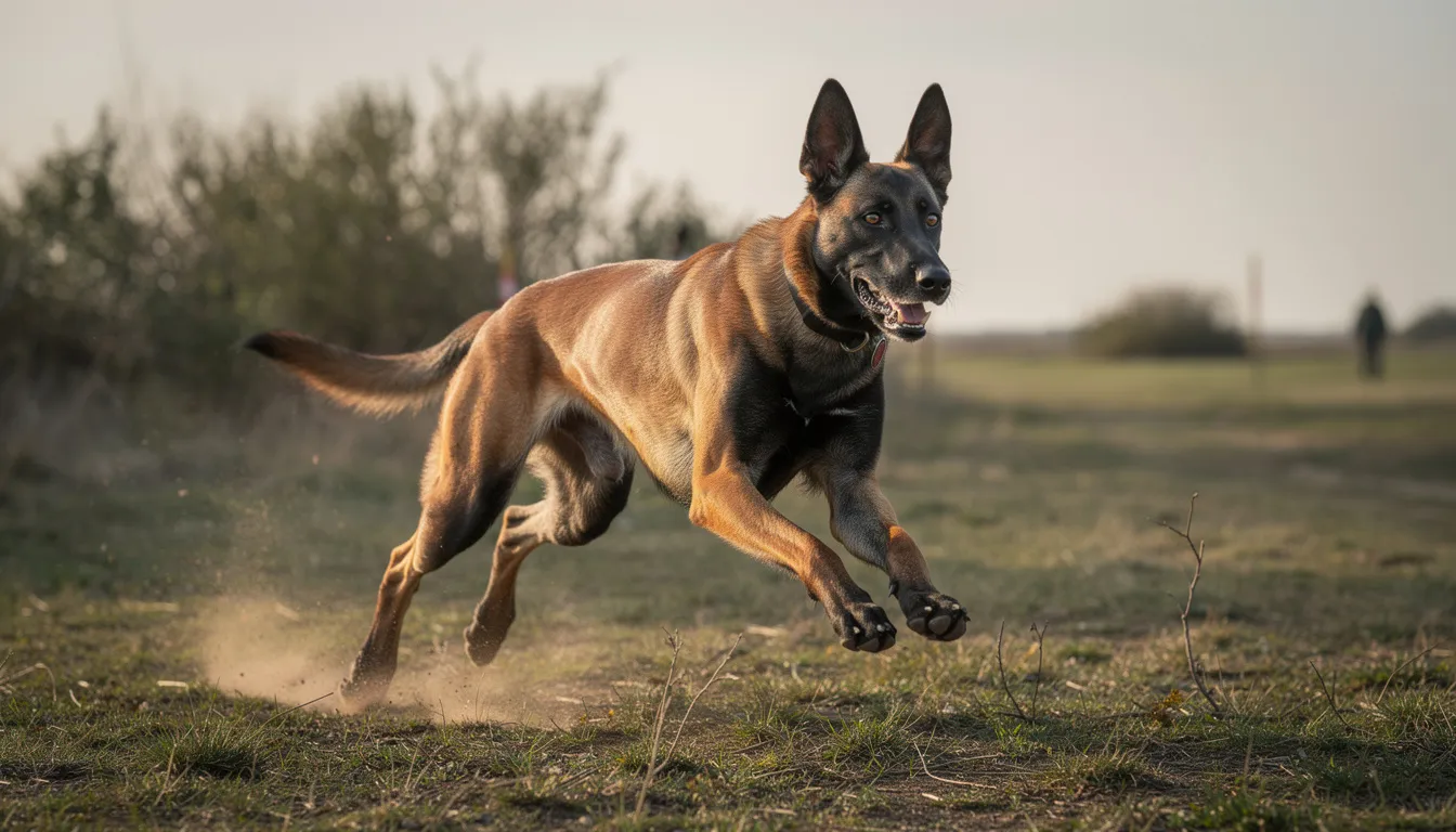 Młody owczarek belgijski malinois wykonuje test predyspozycji na otwartym terenie, demonstrując swoje umiejętności tropienia i posłuszeństwa. Jest to pies służbowy, który może być wykorzystywany w działaniach policyjnych, takich jak poszukiwania osób zaginionych czy patrolowanie miejsc przestępstw.