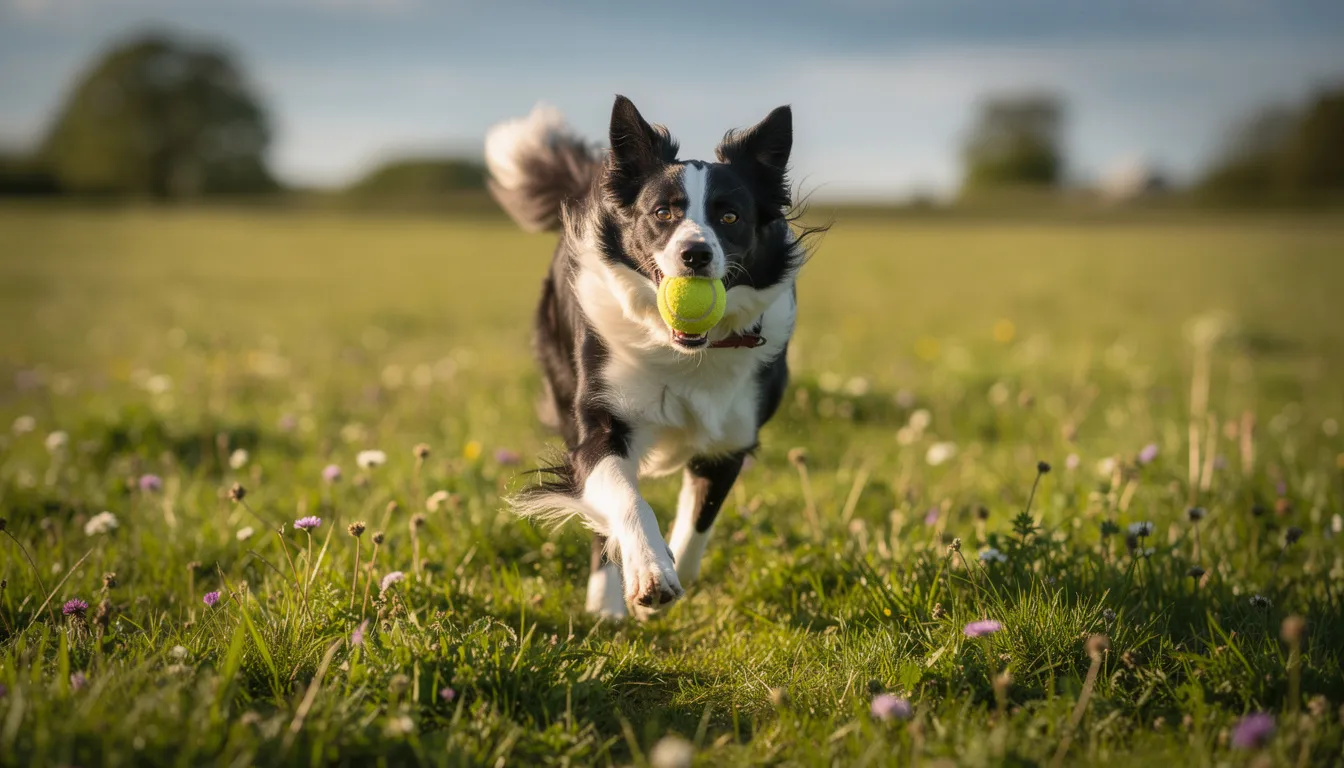 Energiczny border collie biegnie po łące z piłką w pysku, ciesząc się świeżym powietrzem i zabawą. To idealny moment na dłuższy spacer, który zapewnia psu potrzebną aktywność fizyczną i stymulację umysłową.