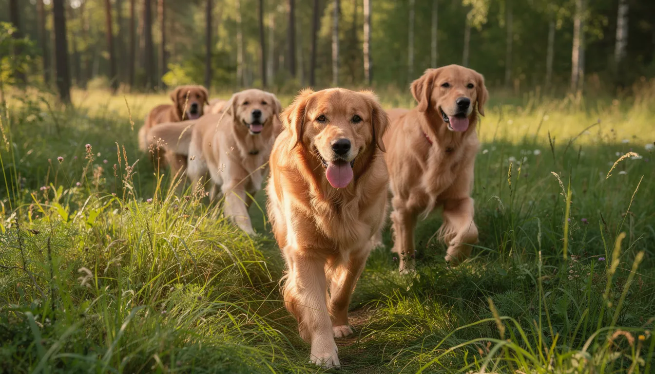 Na zdjęciu widoczny jest pies rasy golden retriever spacerujący w wysokiej trawie w lesie. Właściciele psów powinni być czujni na kleszcze, które mogą przyczepić się do sierści pupila i stanowić zagrożenie dla jego zdrowia.