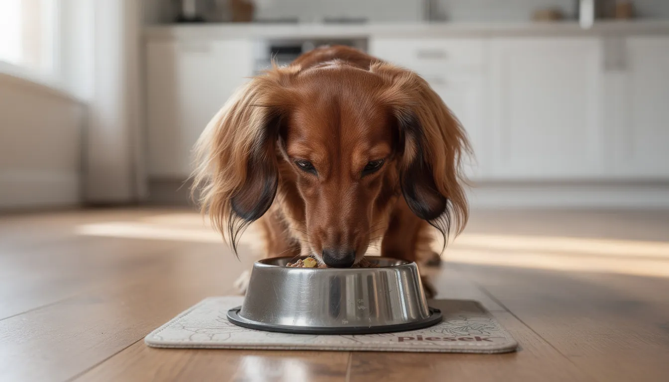 Na obrazku widoczny jest jamnik króliczy długowłosy, który z apetytem je z miski w kuchni. Jego długie futro i niewielkie rozmiary sprawiają, że wygląda niezwykle uroczo, a w tle można dostrzec elementy domowego wnętrza.