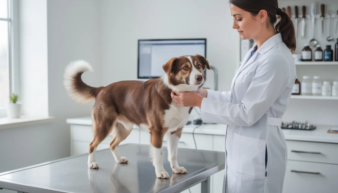 Na zdjęciu widoczny jest weterynarz badający psa na stole w gabinecie. Pies wydaje się być zaniepokojony, co może sugerować, że doświadcza niepokojących objawów, takich jak wymioty, które mogą być objawem poważniejszych problemów zdrowotnych, jak zapalenie żołądka czy choroby przewodu pokarmowego.