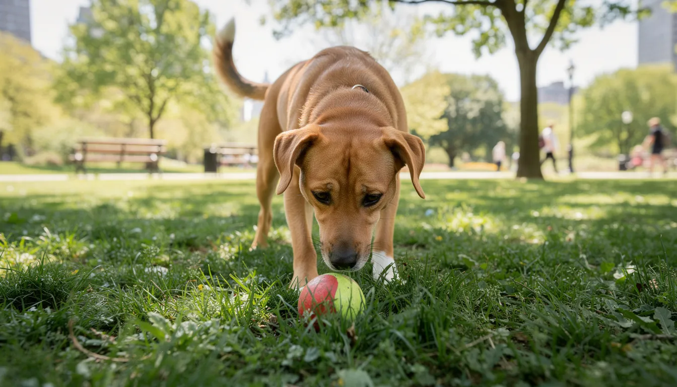 Pies szuka piłki na zielonej trawie w parku, w jego oczach widać skupienie i radość. Psy widzą świat inaczej, postrzegając kolory w odcieniach niebieskiego i żółtego, co wpływa na ich zabawę i codzienne życie.