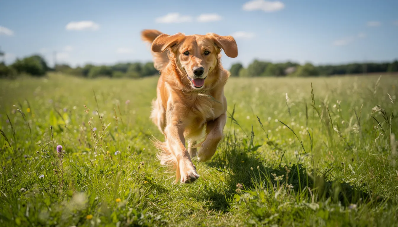 Na zdjęciu widoczny jest pies rasy golden retriever, biegający radośnie po wysokiej trawie na łące w słoneczny dzień. Jego lśniąca sierść odbija promienie słońca, a w tle rozciąga się zielony krajobraz, co tworzy przyjemną, wiosenną atmosferę.