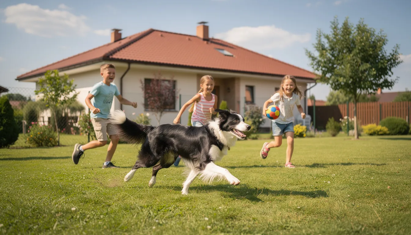 Na zdjęciu widać collie bawiącego się z dziećmi na podwórku domu, gdzie pies z długim pyskiem radośnie skacze i biega, a dzieci śmieją się i bawią się z nim. Ta popularna rasa psów, znana z łagodnego temperamentu i dużych potrzeb ruchowych, doskonale sprawdza się jako towarzysz aktywnych rodzin.