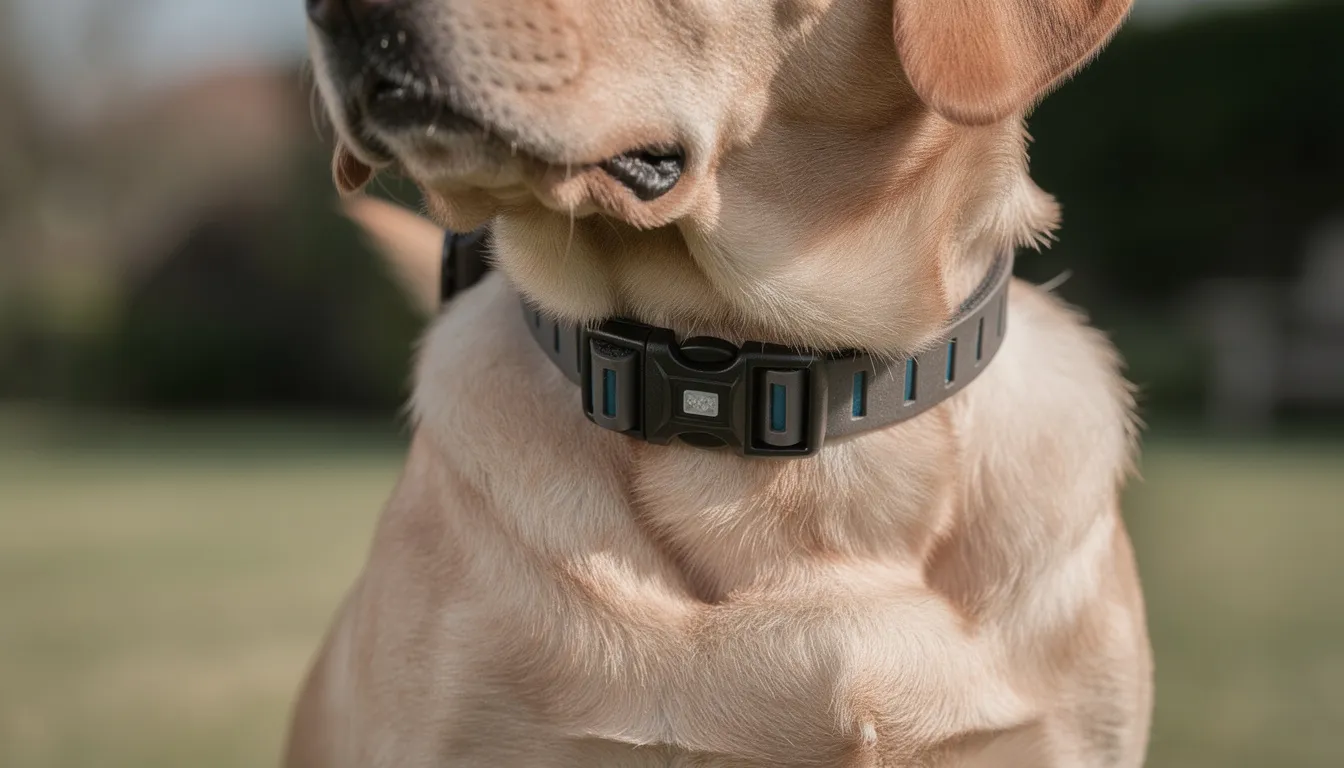 Zbliżenie na psa noszącego obrożę przeciwpasożytniczą, która skutecznie odstrasza pchły i kleszcze. Obroża zapewnia długotrwałą ochronę i jest dostosowana do wielkości psa, co czyni ją idealnym wyborem dla właścicieli czworonogów.