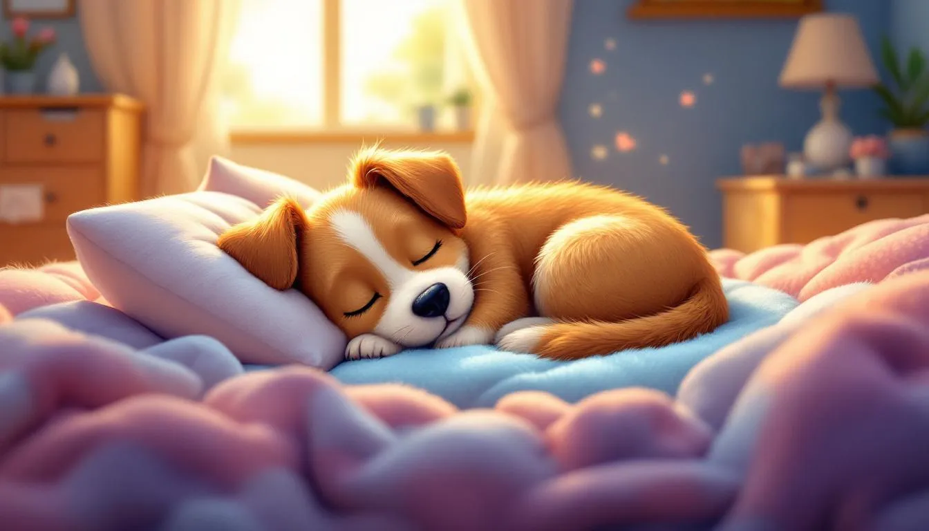 Ile godzin śpi pies? Pies leży na miękkim legowisku, spokojnie śpiąc.