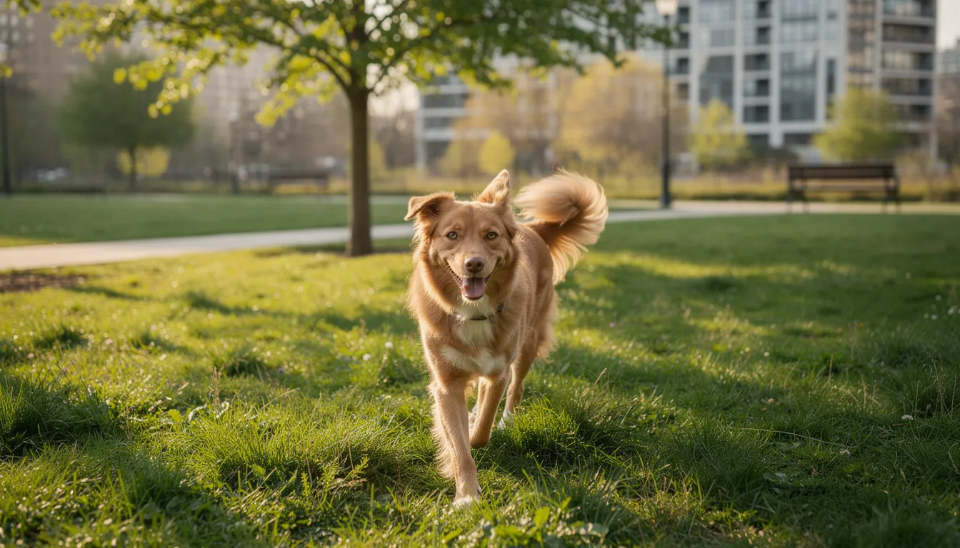 Na obrazku widać psa spacerującego po trawie w miejskim parku, cieszącego się świeżym powietrzem i otoczeniem. W tle znajdują się drzewa i alejki, a pies może być narażony na kontakt z pasożytami, takimi jak glista psia czy włosogłówka, które mogą być obecne w środowisku zewnętrznym.