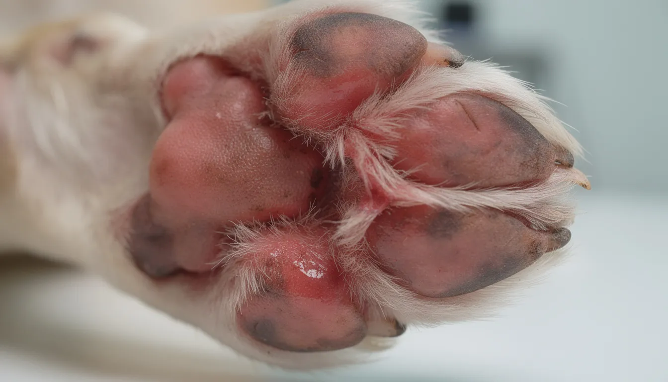 Zbliżenie na zaczerwienione poduszki łap psa, które wskazują na stan zapalny. Pies intensywnie liże łapy, co może być oznaką podrażnienia skóry lub alergii.