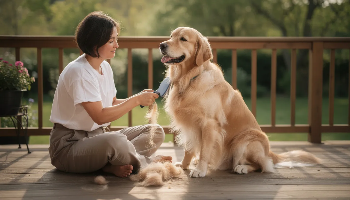 Na tarasie osoba szczotkuje złotego retrievera, dbając o jego lśniącą sierść. Regularne szczotkowanie jest istotne dla zdrowia psa, ponieważ pomaga w redukcji wypadania sierści oraz zapobiega problemom ze skórą.