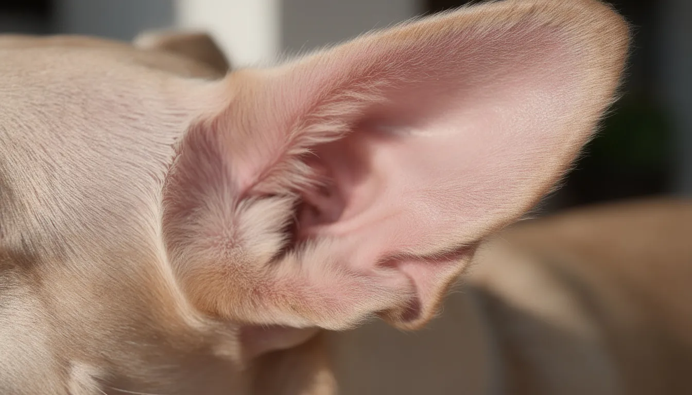 Na zbliżeniu widoczne jest zdrowe, różowe ucho psa z czystą małżowiną uszną, które może świadczyć o dobrej higienie uszu psa. Taki stan uszu zapobiega problemom zdrowotnym, takim jak zapalenie ucha czy infekcje, co jest istotne dla zdrowia czworonożnego przyjaciela.