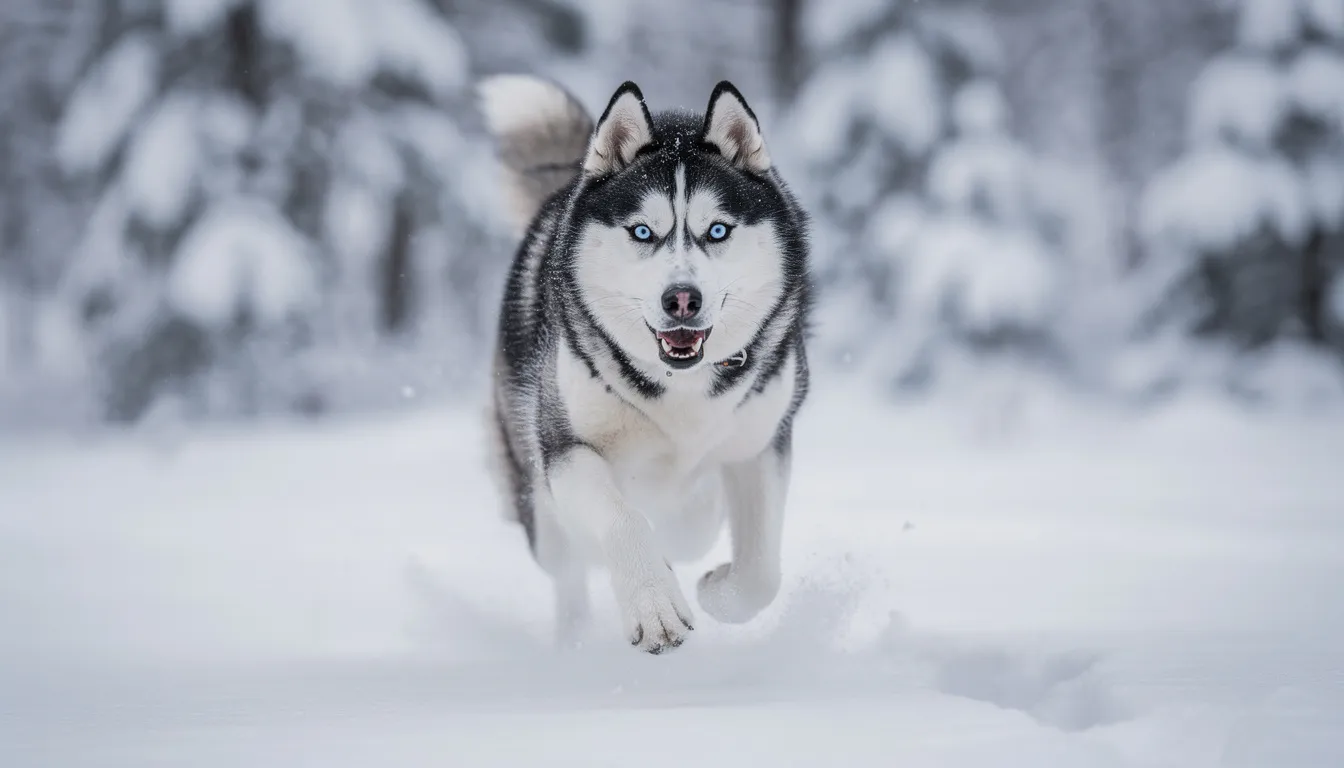Na zdjęciu widać syberyjskiego husky z niebieskimi oczami, który radośnie biegnie po pokrytym śniegiem terenie. Jego puszysta sierść mieni się w świetle, a w tle widać zimowy krajobraz, co podkreśla urok najładniejszych psów świata.