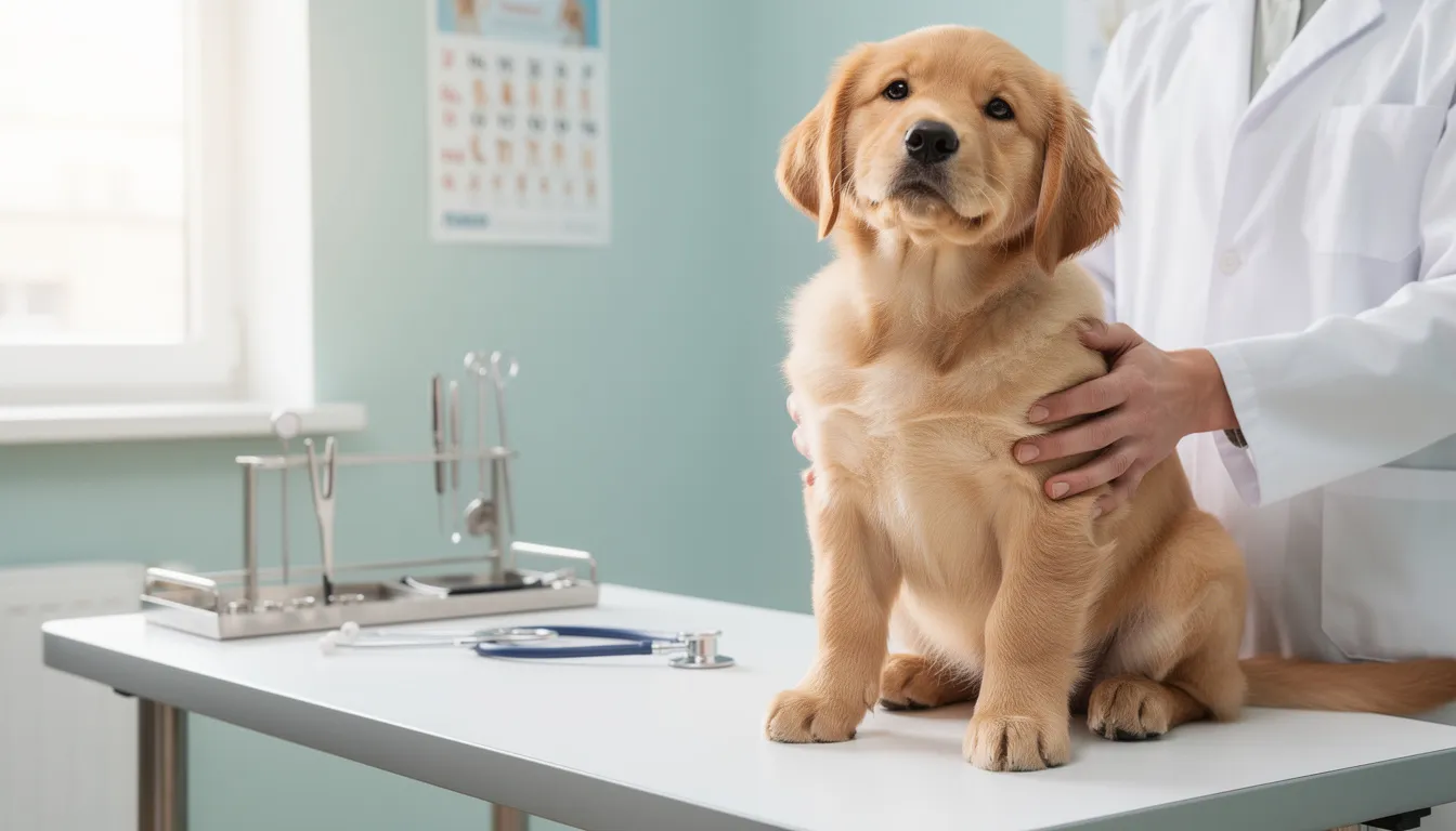 Szczeniak rasy golden retriever siedzi spokojnie na stole badawczym w gabinecie weterynaryjnym, podczas wizyty u lekarza weterynarii, gdzie przygotowuje się do pierwszych szczepień przeciwko chorobom zakaźnym. W tle widoczne są narzędzia medyczne oraz plakaty dotyczące kalendarza szczepień psa.