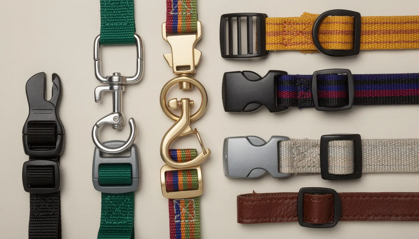 Zbliżenie na różne typy zapięć obroży dla psów, prezentujące eleganckie obroże oraz ich unikalne wzornictwo. Obraz ukazuje detale zapięć, które zapewniają komfort i bezpieczeństwo twojego pupila podczas spacerów.