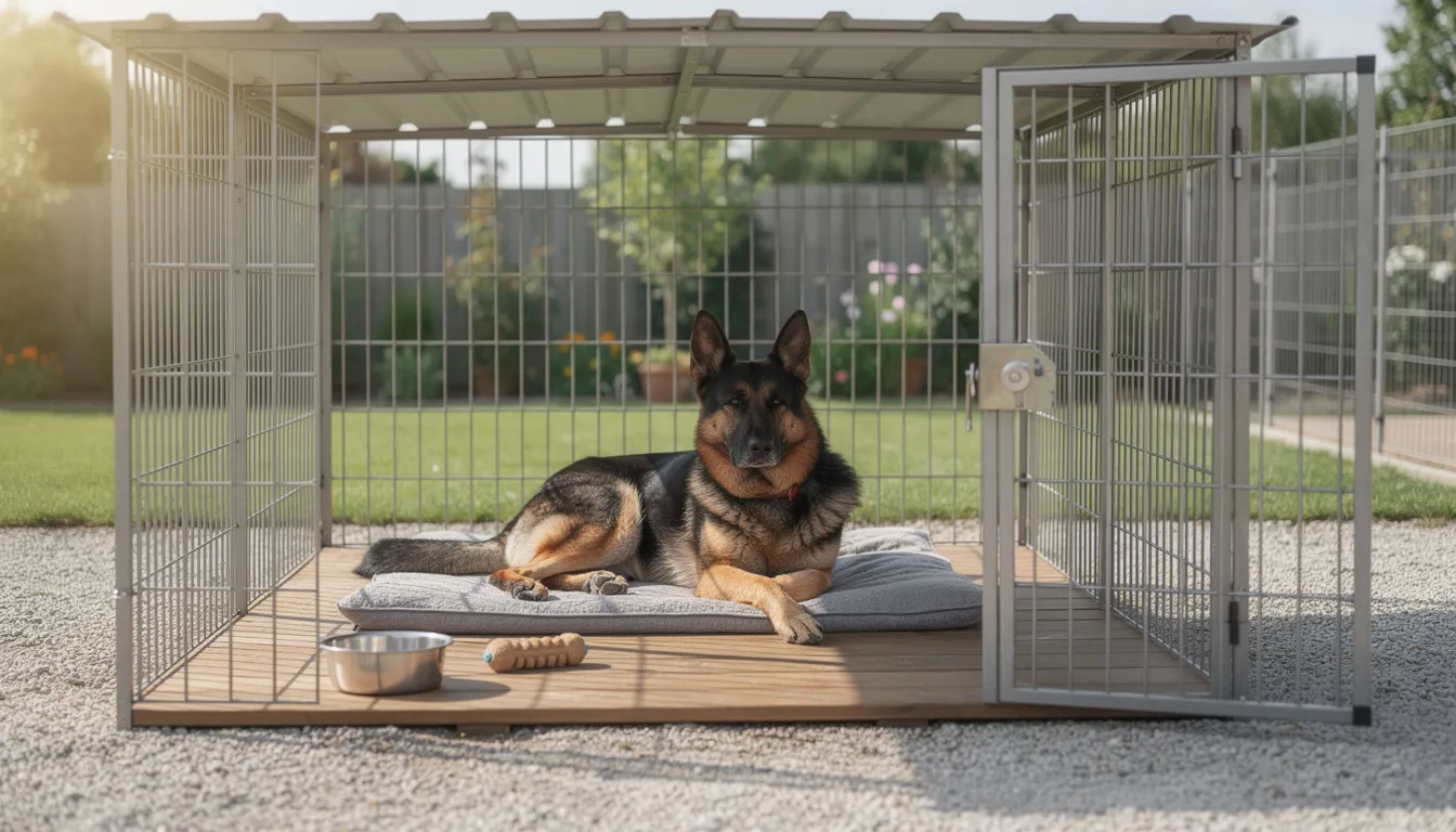 Na obrazku widoczny jest duży pies rasy owczarek niemiecki, który odpoczywa w przestronnym kojcu z dachem, zapewniającym mu ochronę przed niekorzystnymi warunkami atmosferycznymi. Kojec ma solidną konstrukcję, co gwarantuje bezpieczeństwo i komfort dla pupila.