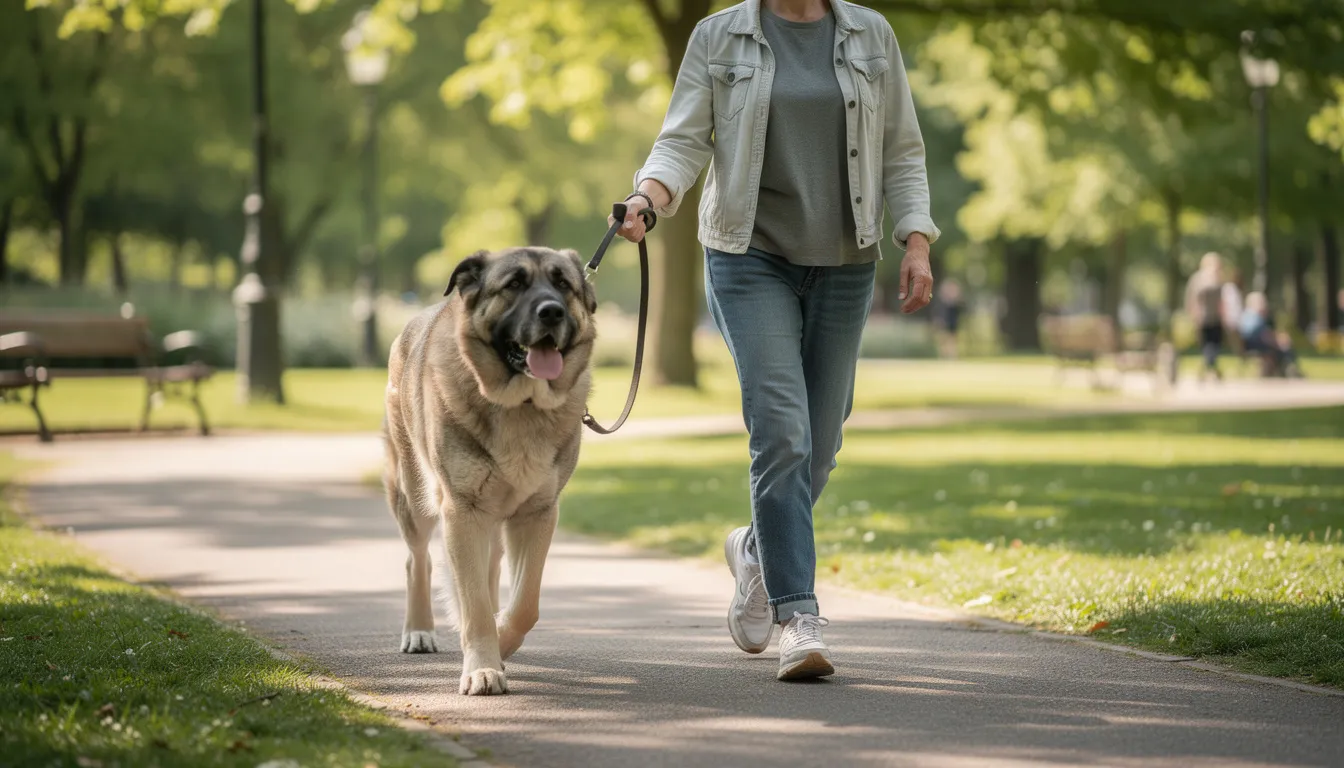 Na zdjęciu widoczny jest duży pies spacerujący w parku ze swoim właścicielem, który trzyma smycz. Pies nosi obrożę zaciskową, co zapewnia mu komfort i bezpieczeństwo podczas spaceru.