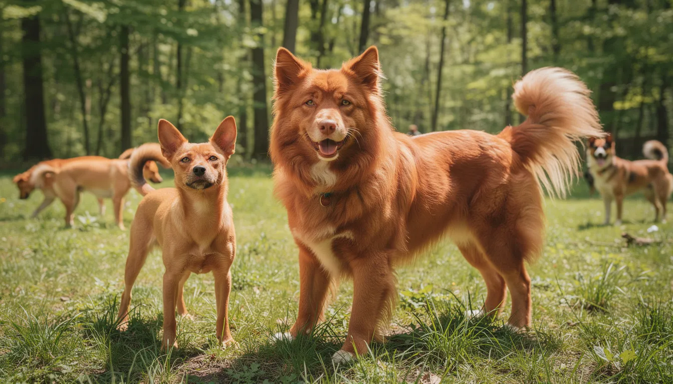 Na polanie stoi grupa różnych rudych psów, w tym seter irlandzki i wyżeł węgierski, o różnej wielkości i umaszczeniu. Ich ruda sierść błyszczy w słońcu, a psy wyglądają na przyjazne i czujne, gotowe do wspólnych zabaw i spacerów.